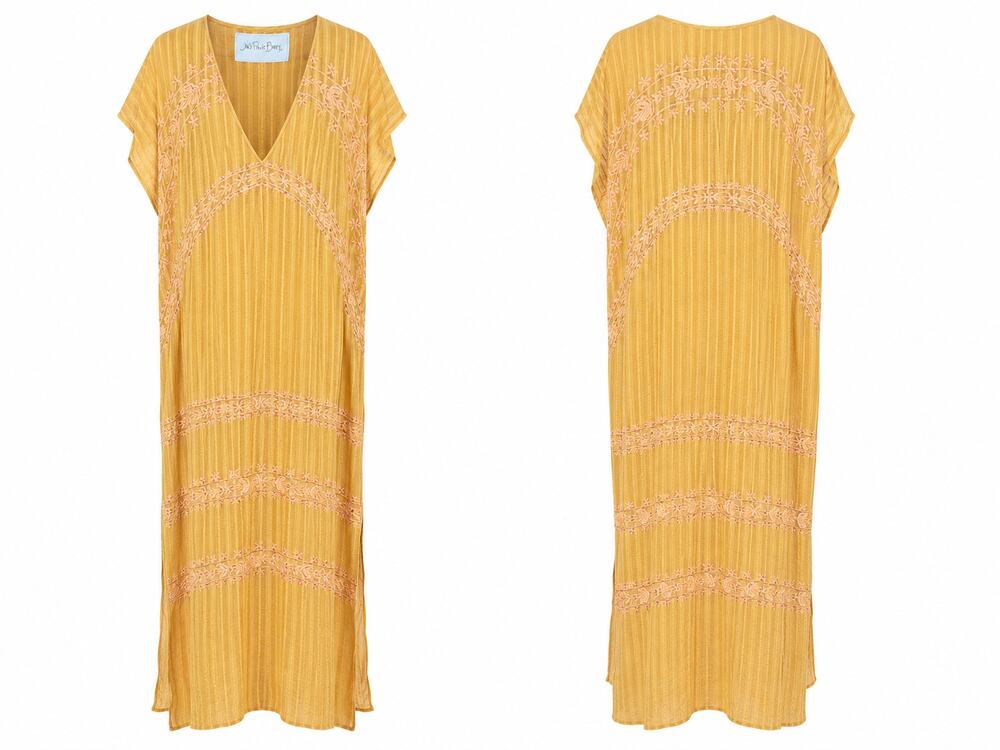 Jen's Pirate Booty Embroidered Cotton Caftan Maxi Dress Mustard M/L NWOT